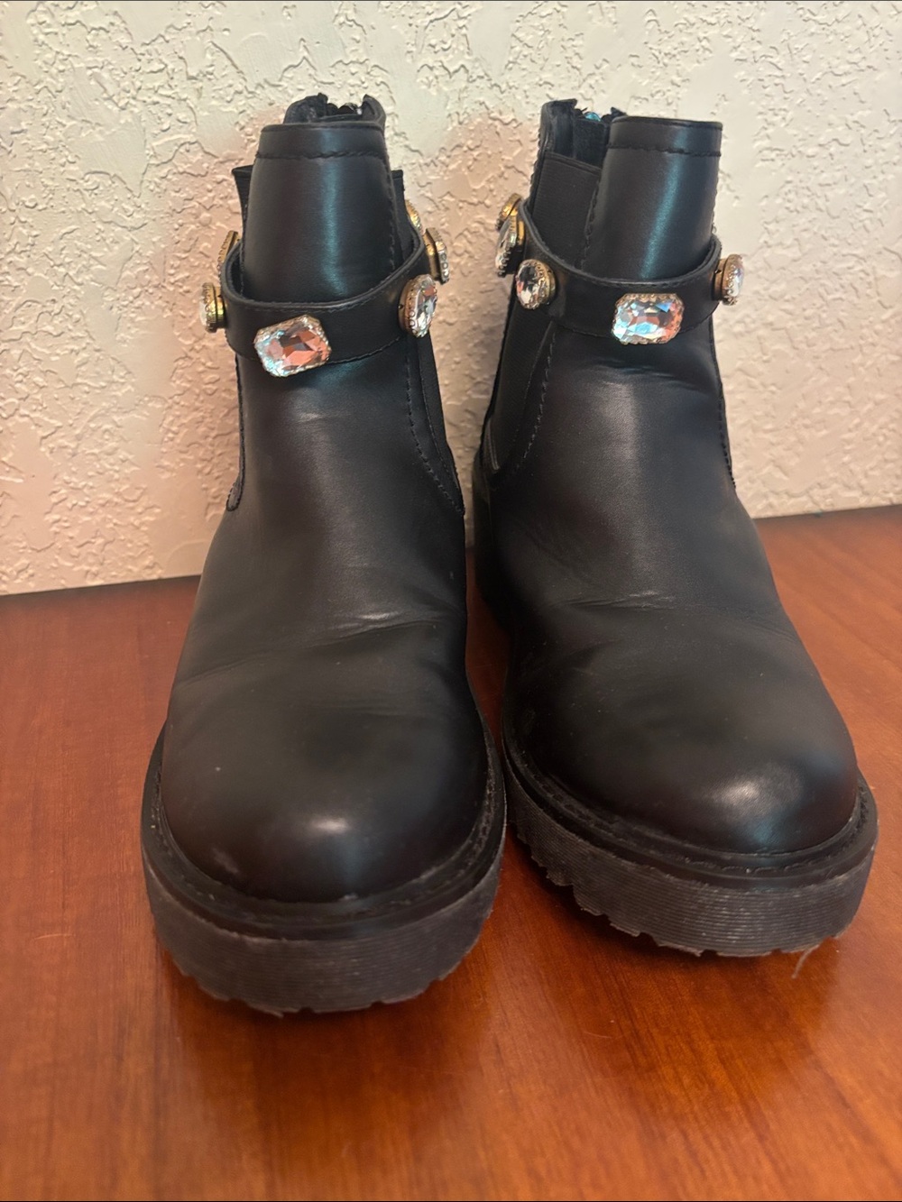 Steve Madden Black Lug Sole Ankle Boots with Gem Embellishments